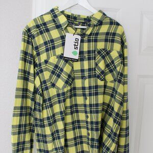 New Stio Flannel Shirt Mens Large Yellow Blue Plaid Button Up Miter Lightweight